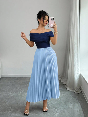 Elenzga Off Shoulder Pleated Waist Women's Elegant Dress