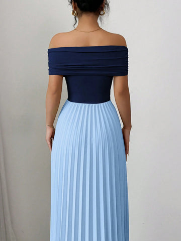 Elenzga Off Shoulder Pleated Waist Women's Elegant Dress