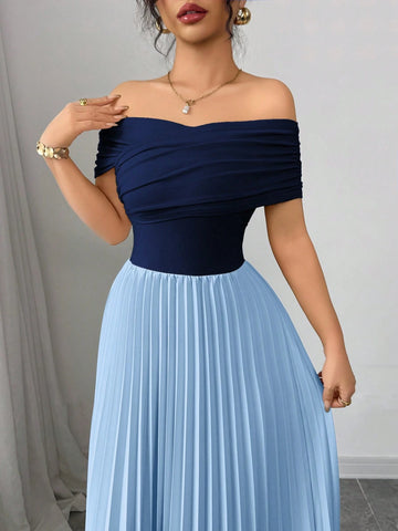 Elenzga Off Shoulder Pleated Waist Women's Elegant Dress