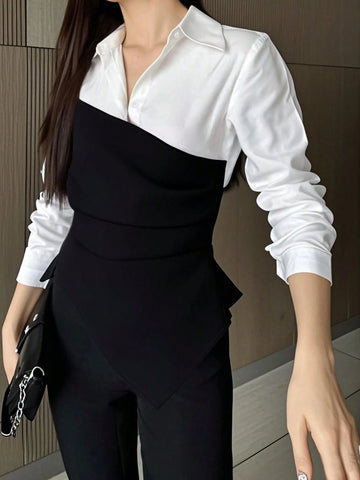 Privé Women's Solid Color Patchwork Long Sleeve Casual Shirt