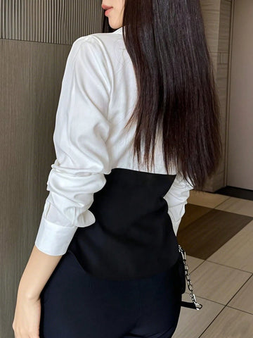 Privé Women's Solid Color Patchwork Long Sleeve Casual Shirt