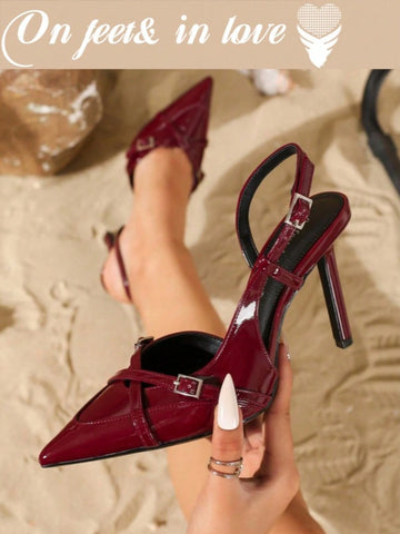 Women's Elegant Crisscross Strap Pointed Toe V-Cut Buckle High Heel Pumps