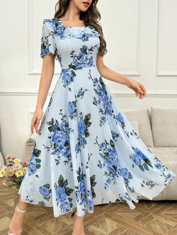 Modelyn Ruffle Hem Floral Print Fitted Chiffon Dress