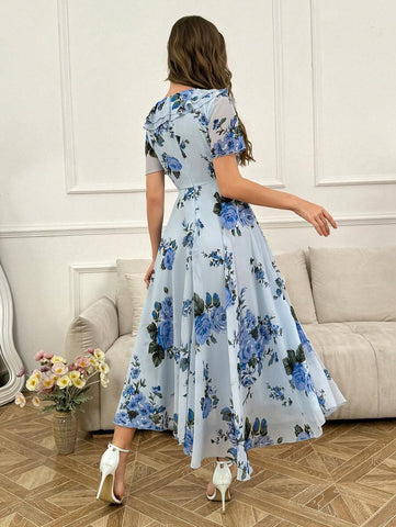 Modelyn Ruffle Hem Floral Print Fitted Chiffon Dress
