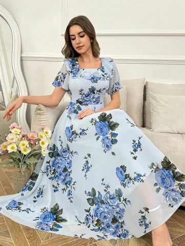 Modelyn Ruffle Hem Floral Print Fitted Chiffon Dress
