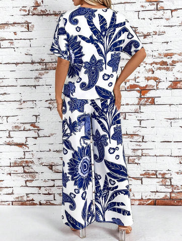 Clasi Women's Summer Casual Floral Printed Batwing Sleeve Shirt And Long Pants Set