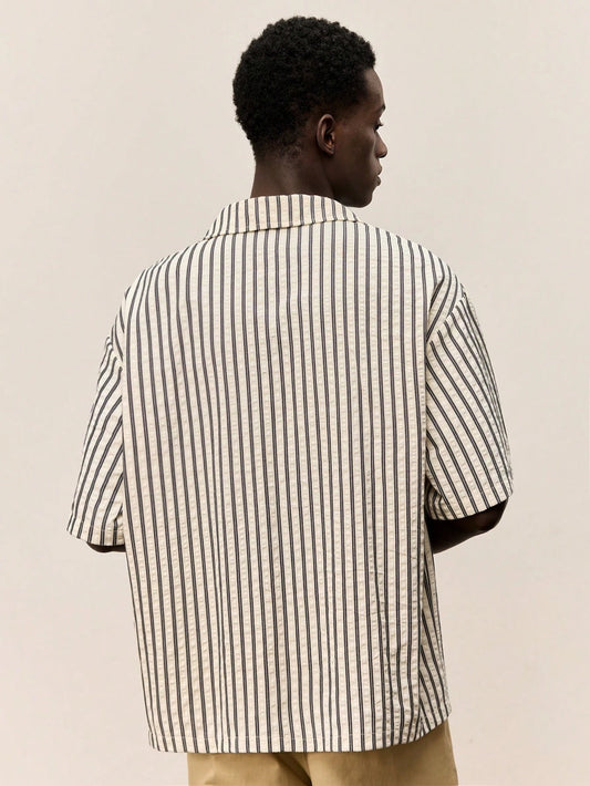 Ontre Men's Striped Print Front Button Summer Casual Short Sleeve Shirt