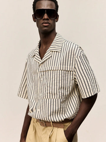 Ontre Men's Striped Print Front Button Summer Casual Short Sleeve Shirt