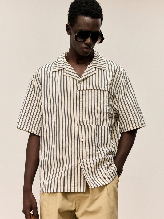 Ontre Men's Striped Print Front Button Summer Casual Short Sleeve Shirt