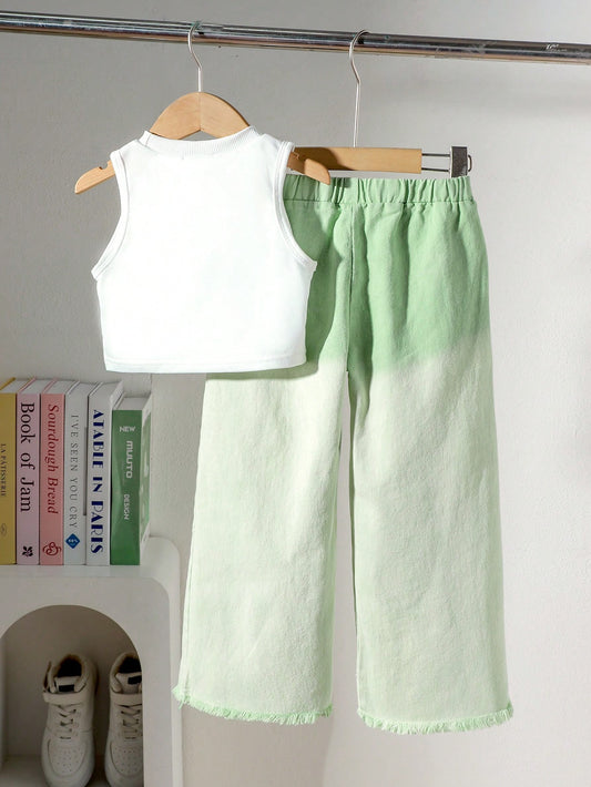 Sweet & Cool Sleeveless Cropped Tank Top & Butterfly Embroidered Distressed Denim Long Pants