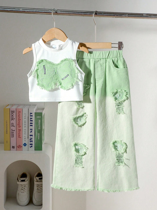 Sweet & Cool Sleeveless Cropped Tank Top & Butterfly Embroidered Distressed Denim Long Pants