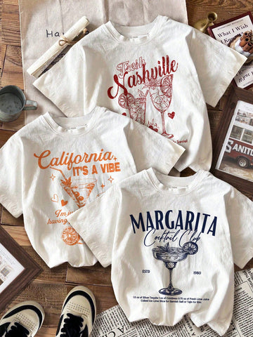 3pcs California Letter Graphic Round Neck Short Sleeve Cropped T-Shirt