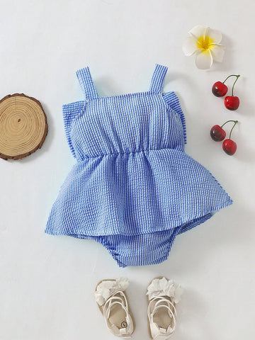 Baby Girls' Summer Casual Cute Car & Butterfly Knot Strap Striped Romper