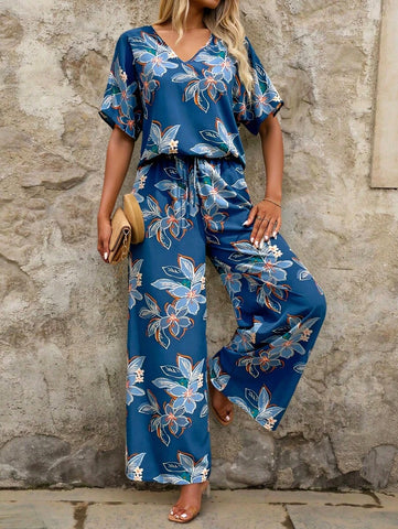 Clasi Women's Summer Casual Floral Printed Batwing Sleeve Shirt And Long Pants Set