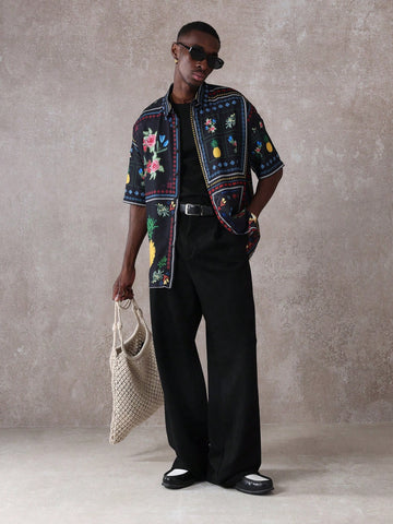Tropical Resort Short Sleeve Button Down Shirt Floral Pineapple Print