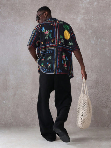 Tropical Resort Short Sleeve Button Down Shirt Floral Pineapple Print