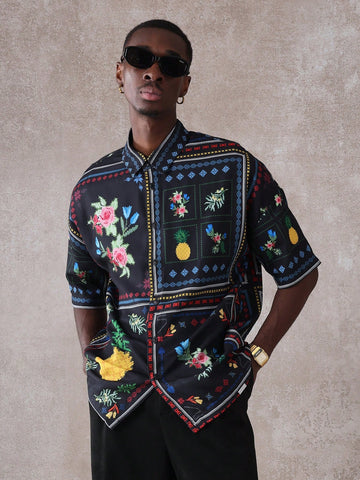 Tropical Resort Short Sleeve Button Down Shirt Floral Pineapple Print