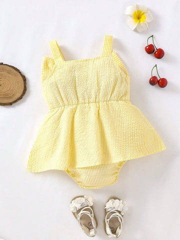 Baby Girls' Summer Casual Cute Car & Butterfly Knot Strap Striped Romper