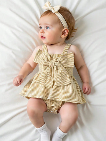 Baby Girls' Summer Casual Cute Car & Butterfly Knot Strap Striped Romper