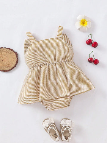 Baby Girls' Summer Casual Cute Car & Butterfly Knot Strap Striped Romper