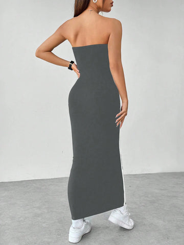 Flirla Slim Fit Color Block Strapless Dress With Side Contrast Panels
