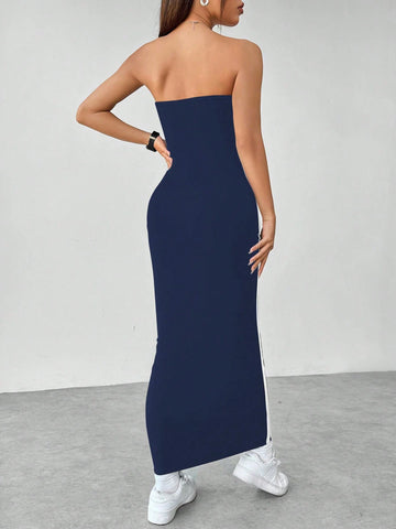 Flirla Slim Fit Color Block Strapless Dress With Side Contrast Panels