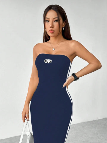 Flirla Slim Fit Color Block Strapless Dress With Side Contrast Panels