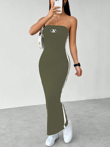 Flirla Slim Fit Color Block Strapless Dress With Side Contrast Panels