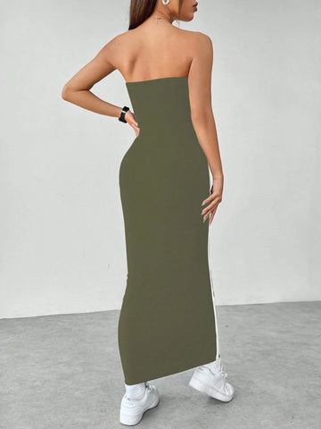 Flirla Slim Fit Color Block Strapless Dress With Side Contrast Panels
