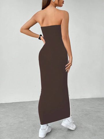 Flirla Slim Fit Color Block Strapless Dress With Side Contrast Panels