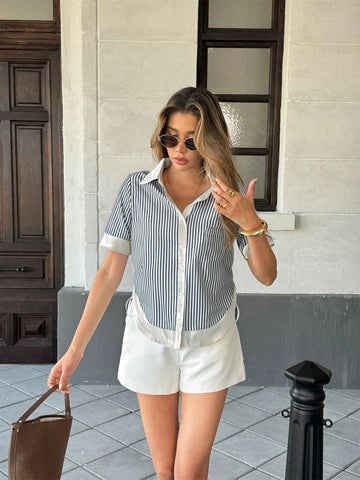 Women's Striped Patchwork Contrast Color Lapel Pocket Short Sleeve Casual Shirt