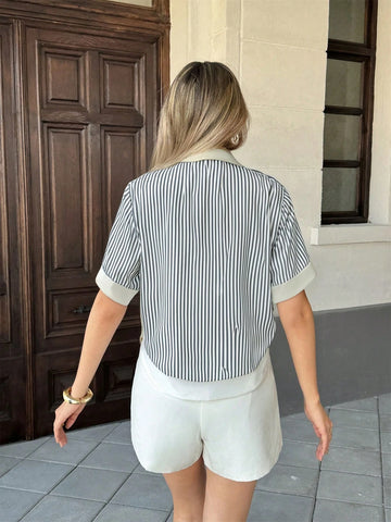 Women's Striped Patchwork Contrast Color Lapel Pocket Short Sleeve Casual Shirt