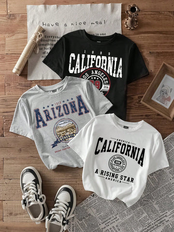 3pcs California Letter Graphic Round Neck Short Sleeve Cropped T-Shirt