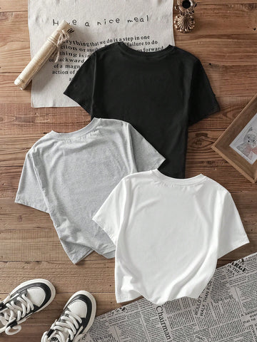 3pcs California Letter Graphic Round Neck Short Sleeve Cropped T-Shirt