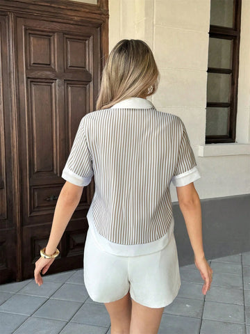Women's Striped Patchwork Contrast Color Lapel Pocket Short Sleeve Casual Shirt