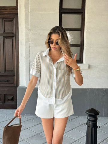 Women's Striped Patchwork Contrast Color Lapel Pocket Short Sleeve Casual Shirt