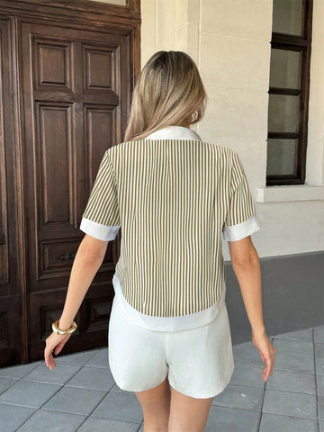 Women's Striped Patchwork Contrast Color Lapel Pocket Short Sleeve Casual Shirt
