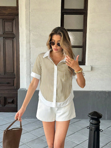 Women's Striped Patchwork Contrast Color Lapel Pocket Short Sleeve Casual Shirt