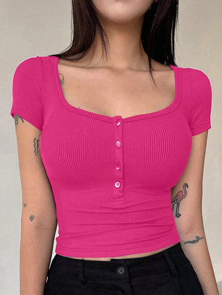 Solid Color Front Button Short Sleeve Casual Top