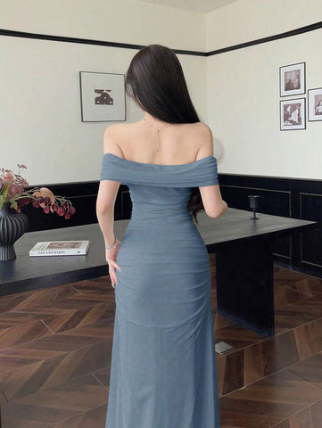 Women's Mesh Off Shoulder Ruched Waist Dress