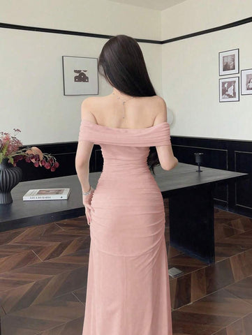 Women's Mesh Off Shoulder Ruched Waist Dress