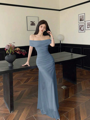 Women's Mesh Off Shoulder Ruched Waist Dress