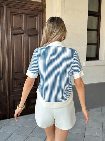 Women's Striped Patchwork Contrast Color Lapel Pocket Short Sleeve Casual Shirt