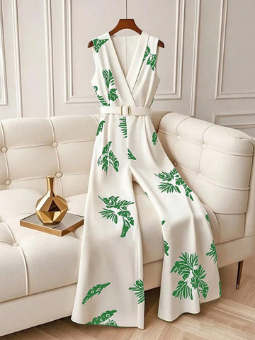 Elegant Fashion Leaf Printed High Waist Sleeveless Flared Pants