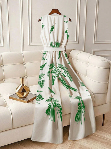 Elegant Fashion Leaf Printed High Waist Sleeveless Flared Pants
