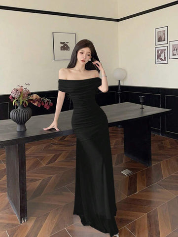 Women's Mesh Off Shoulder Ruched Waist Dress