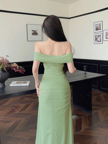 Women's Mesh Off Shoulder Ruched Waist Dress