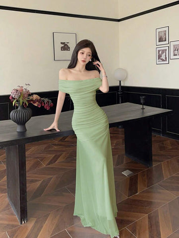 Women's Mesh Off Shoulder Ruched Waist Dress