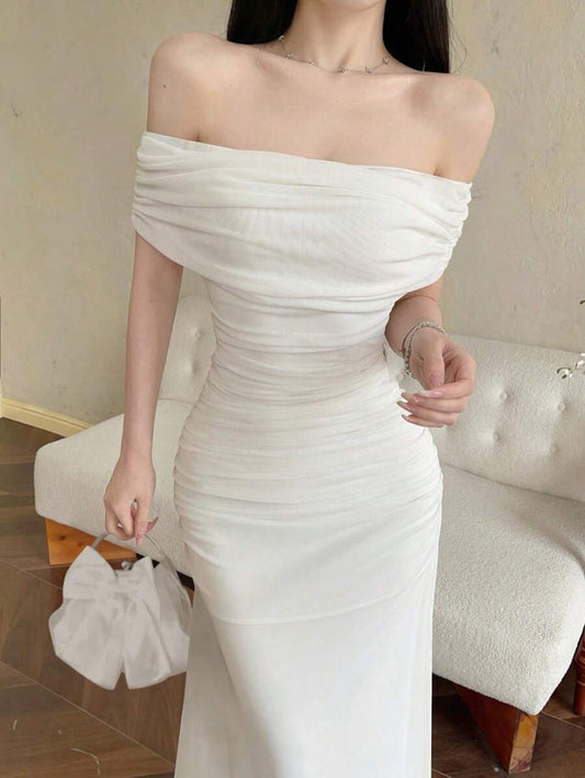 Women's Mesh Off Shoulder Ruched Waist Dress