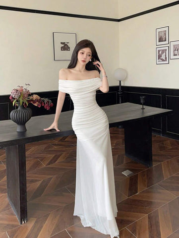 Women's Mesh Off Shoulder Ruched Waist Dress